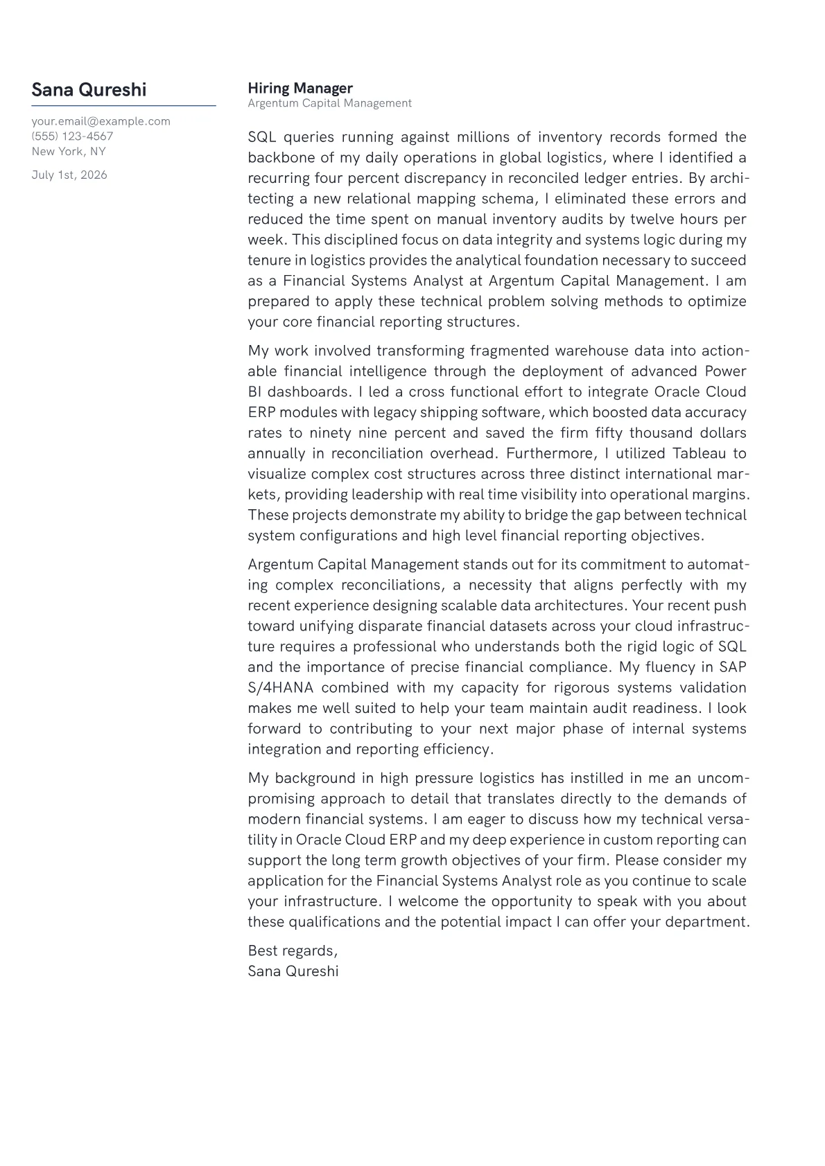 Financial Systems Analyst cover letter in the Margin design