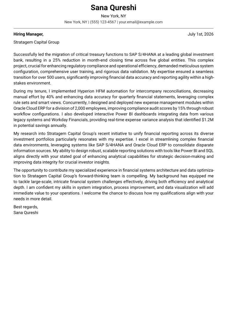 Financial Systems Analyst cover letter example preview