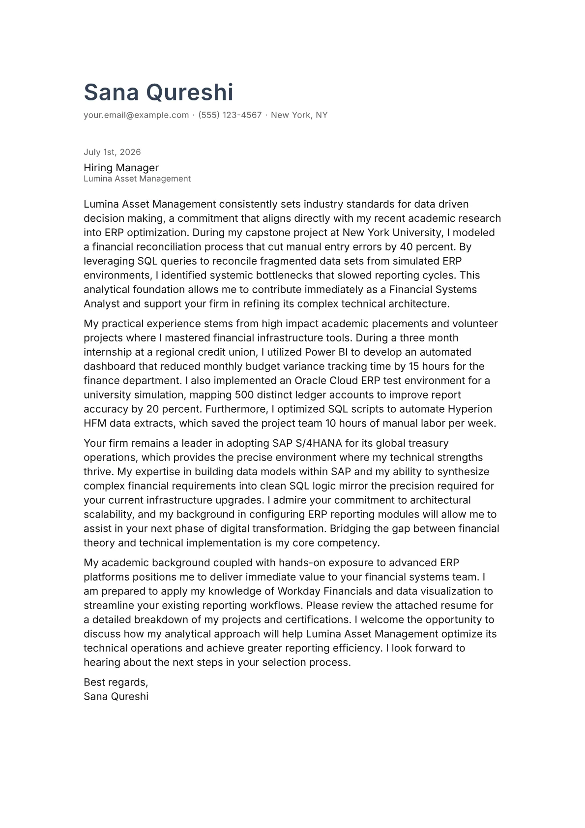 Financial Systems Analyst cover letter in the Minimal design