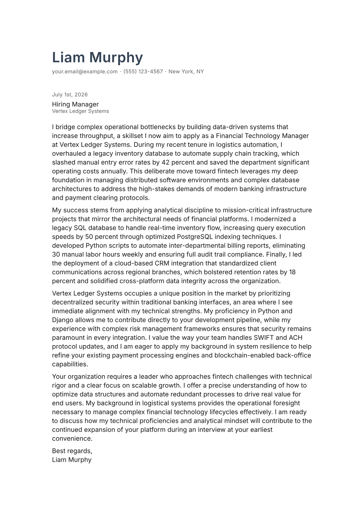 Financial Technology Manager cover letter in the Minimal design