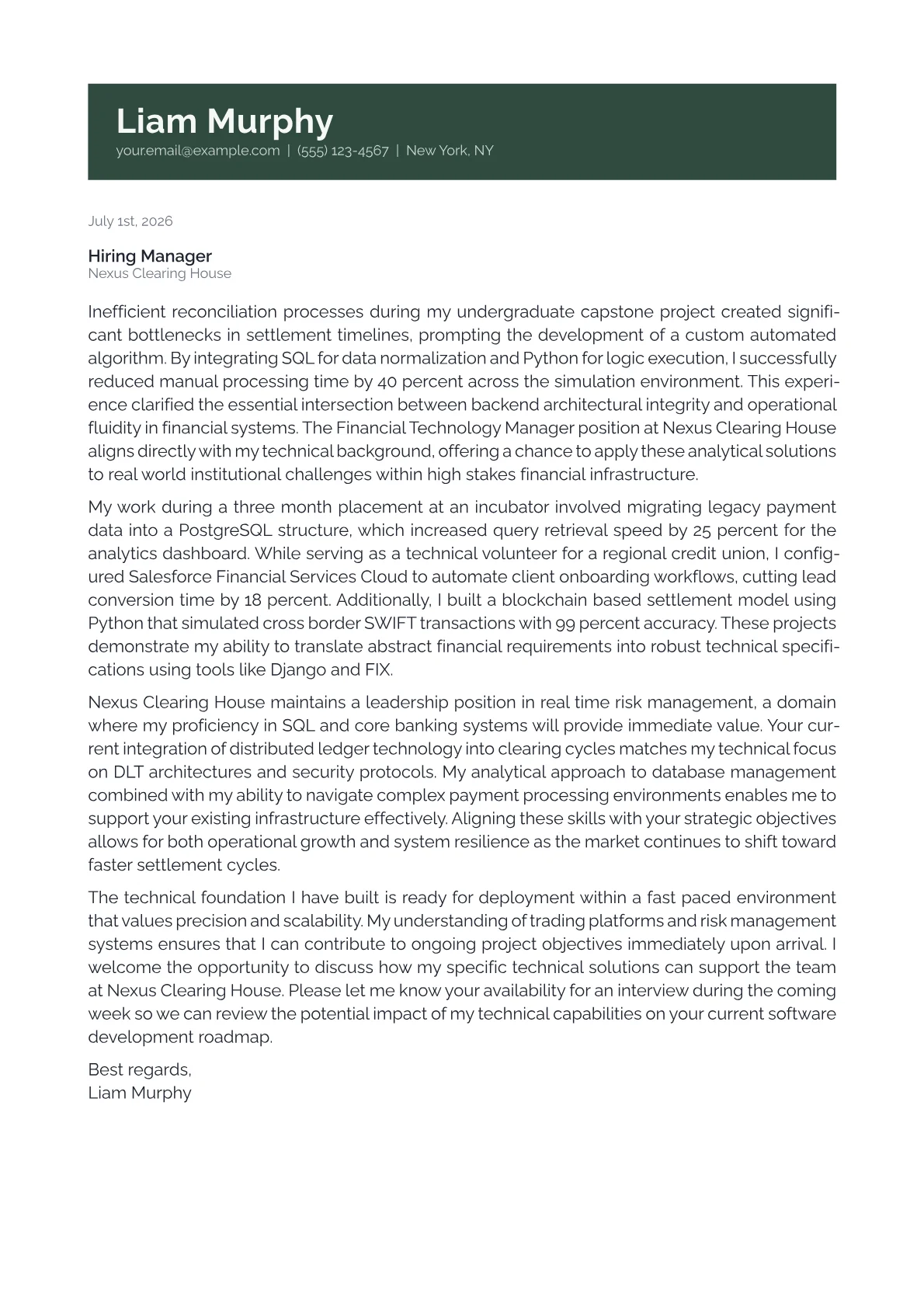 Financial Technology Manager cover letter in the Banner design