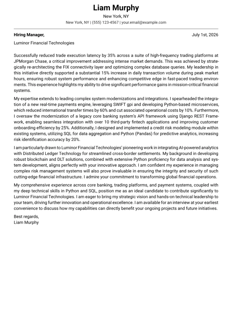 Financial Technology Manager cover letter example preview