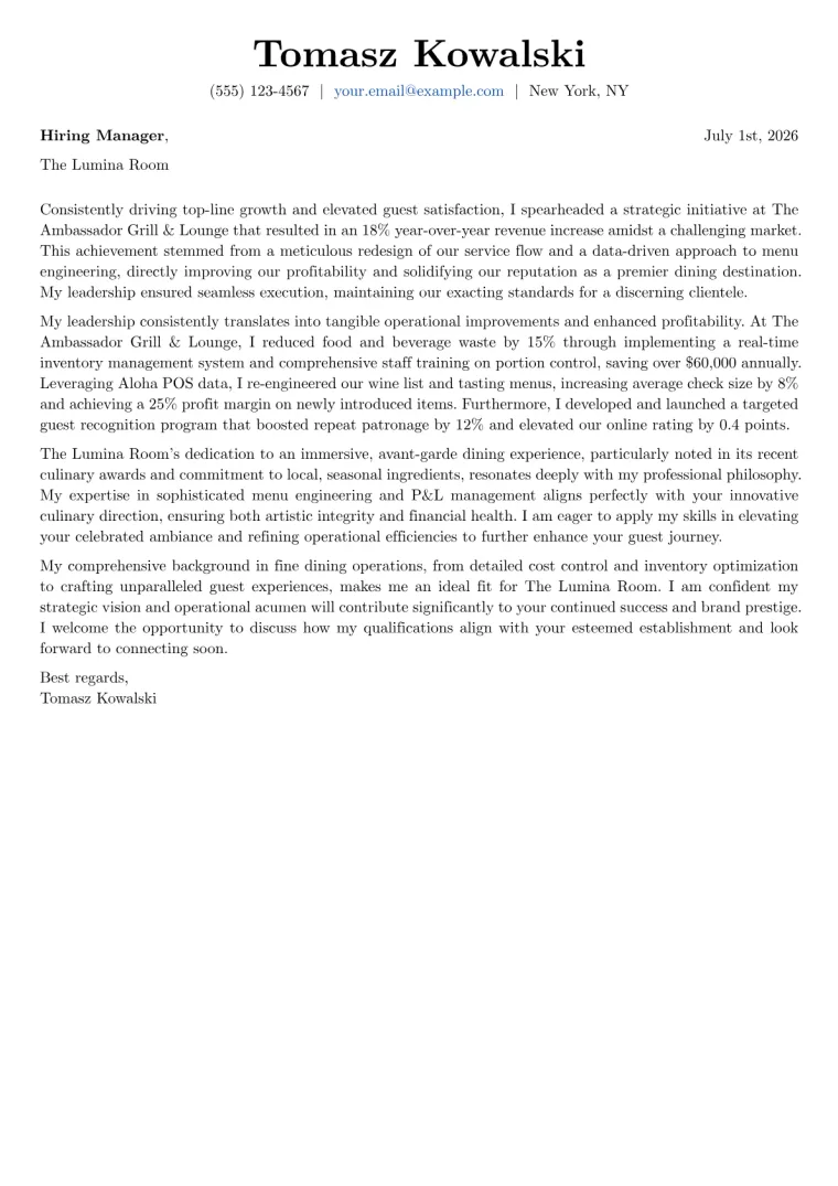 Fine Dining Manager cover letter example preview