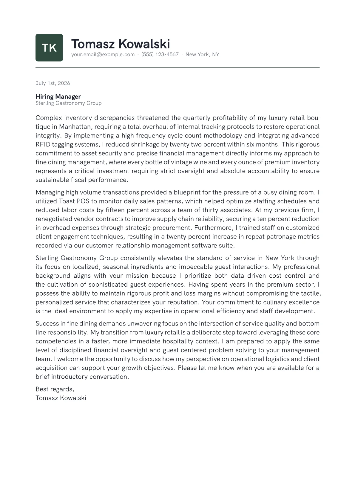 Fine Dining Manager cover letter in the Emblem design