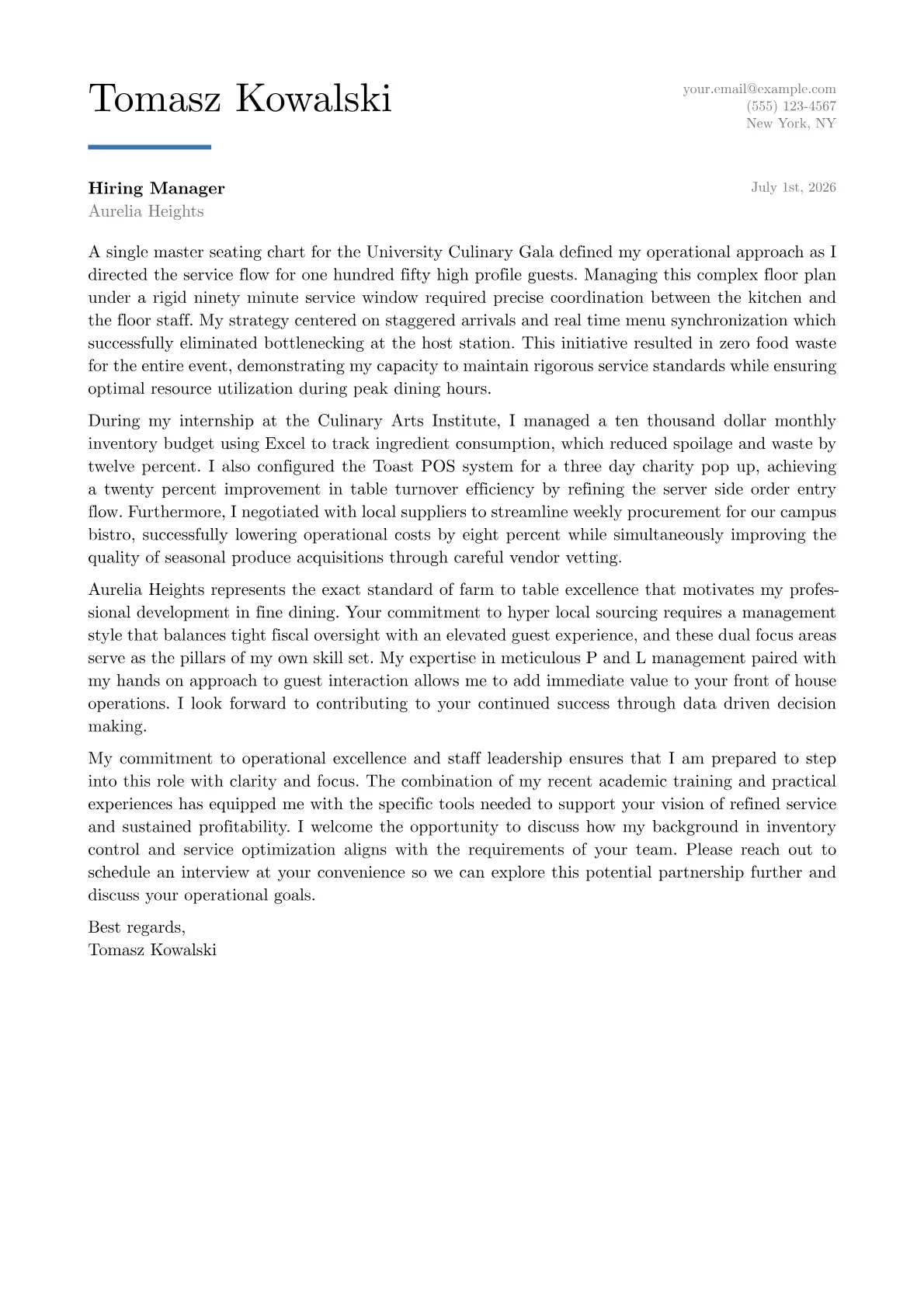 Fine Dining Manager cover letter in the Executive design