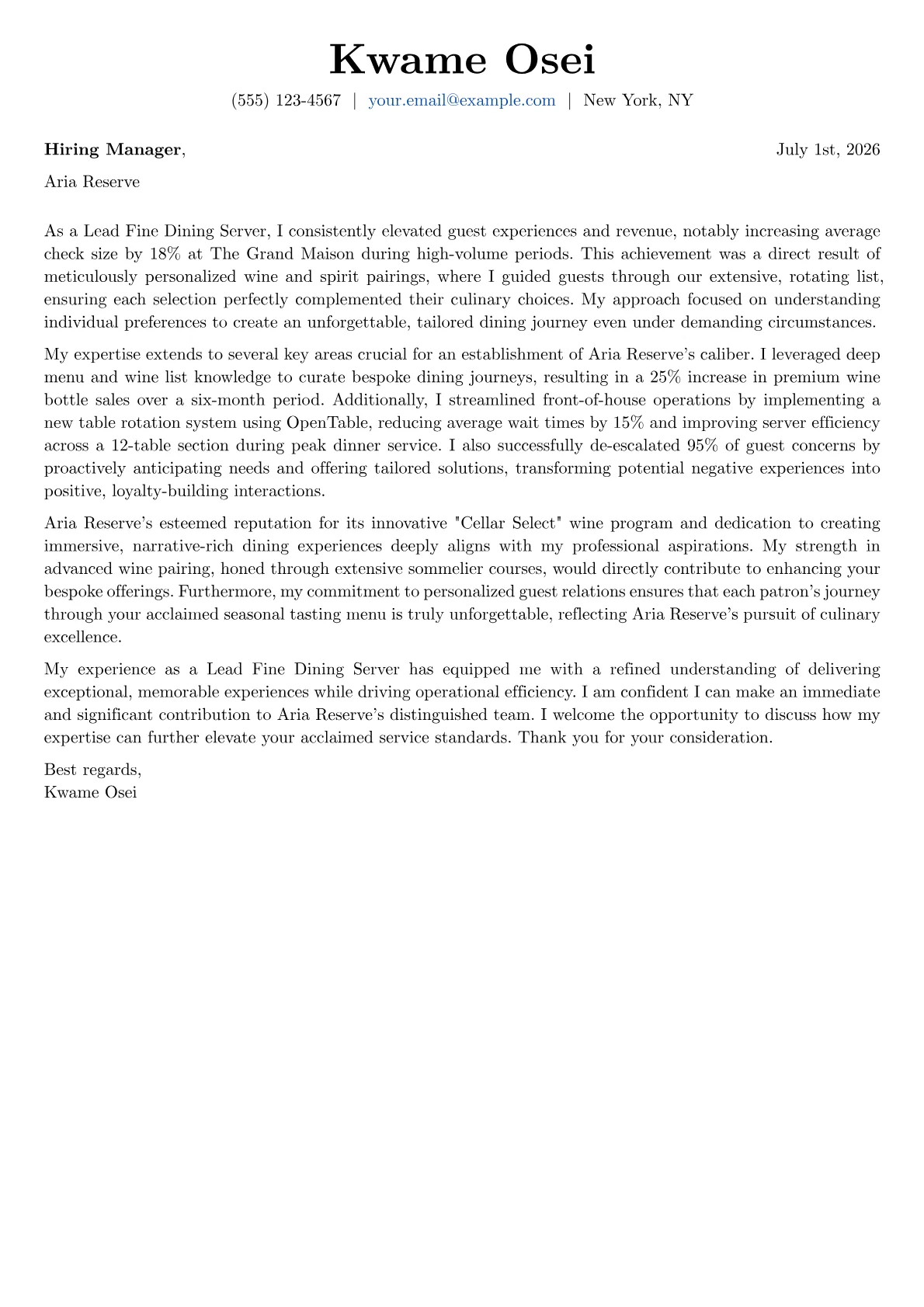 Fine Dining Server cover letter formatted with a JobSprout template