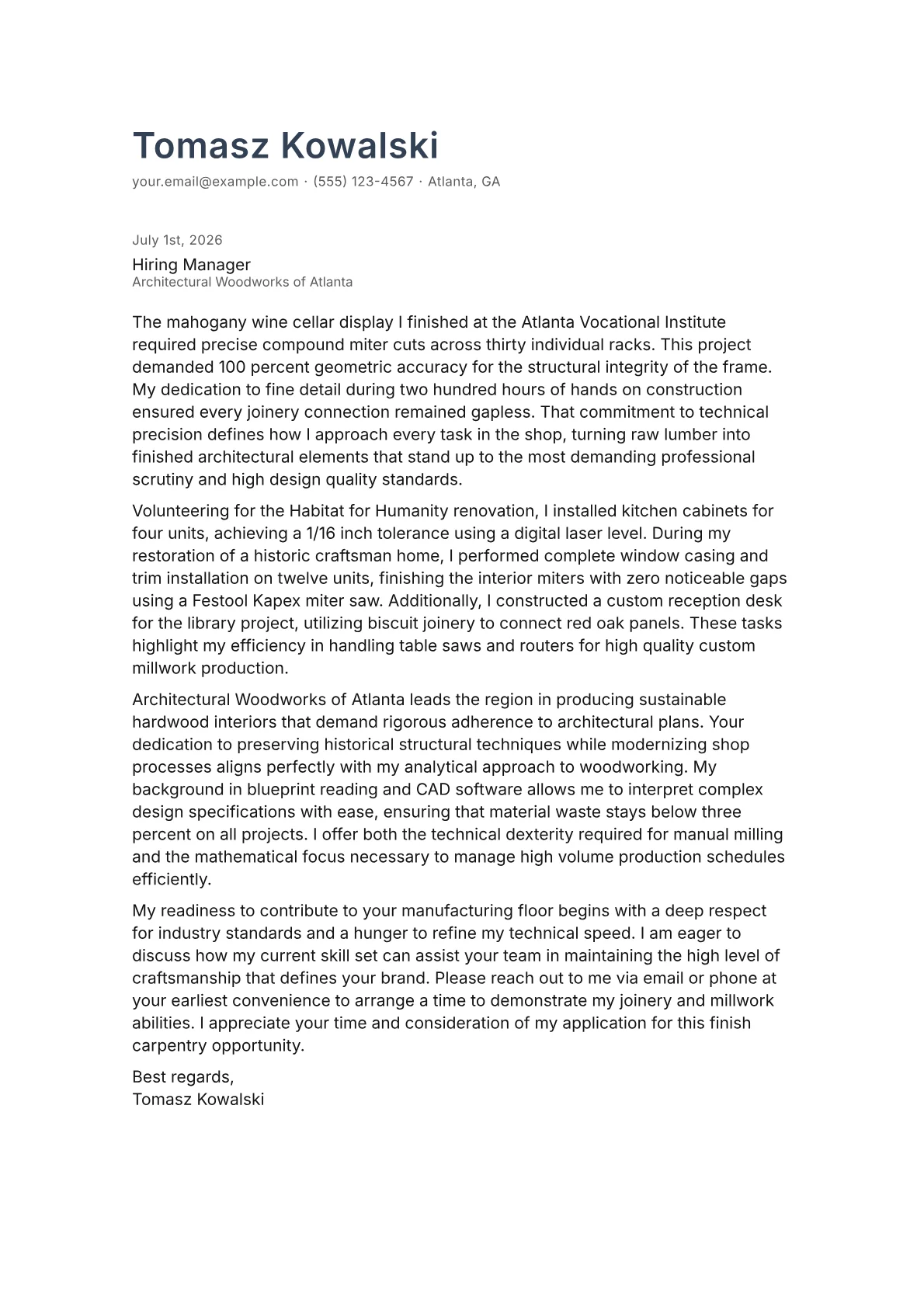 Finish Carpenter cover letter in the Minimal design