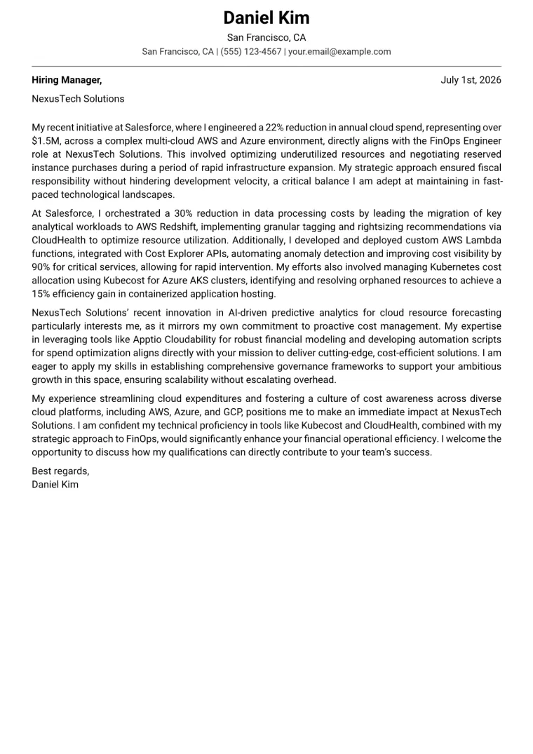 FinOps Engineer cover letter example