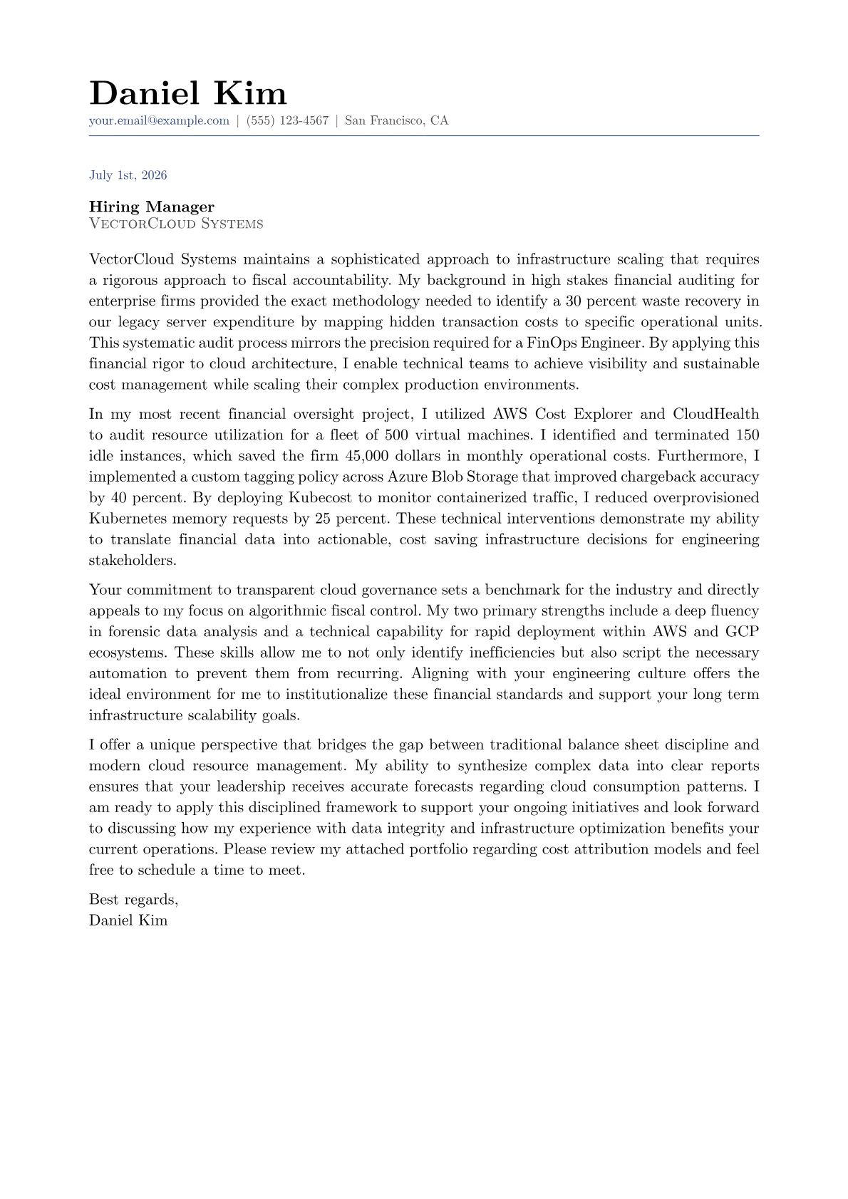 FinOps Engineer cover letter in the Classic design