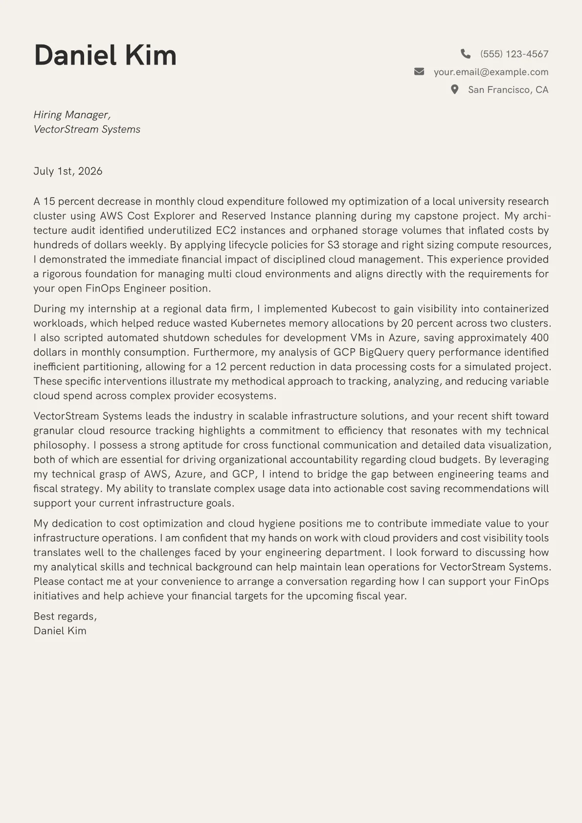 FinOps Engineer cover letter in the Creative design