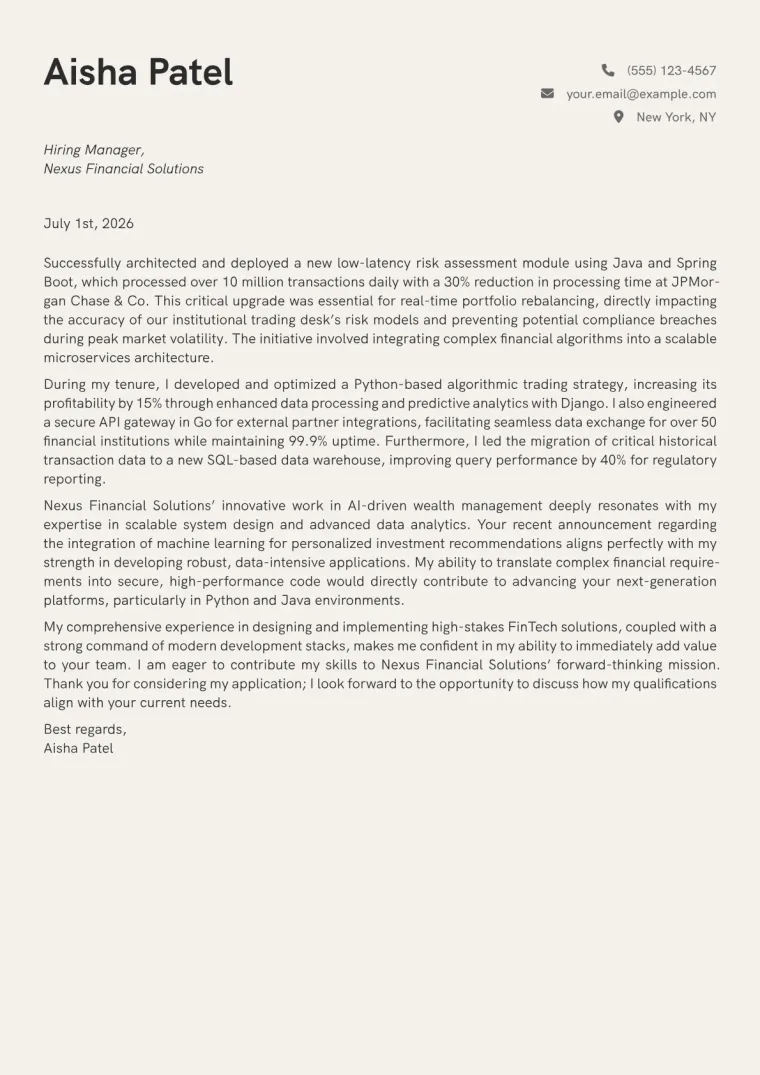 FinTech Developer cover letter example preview