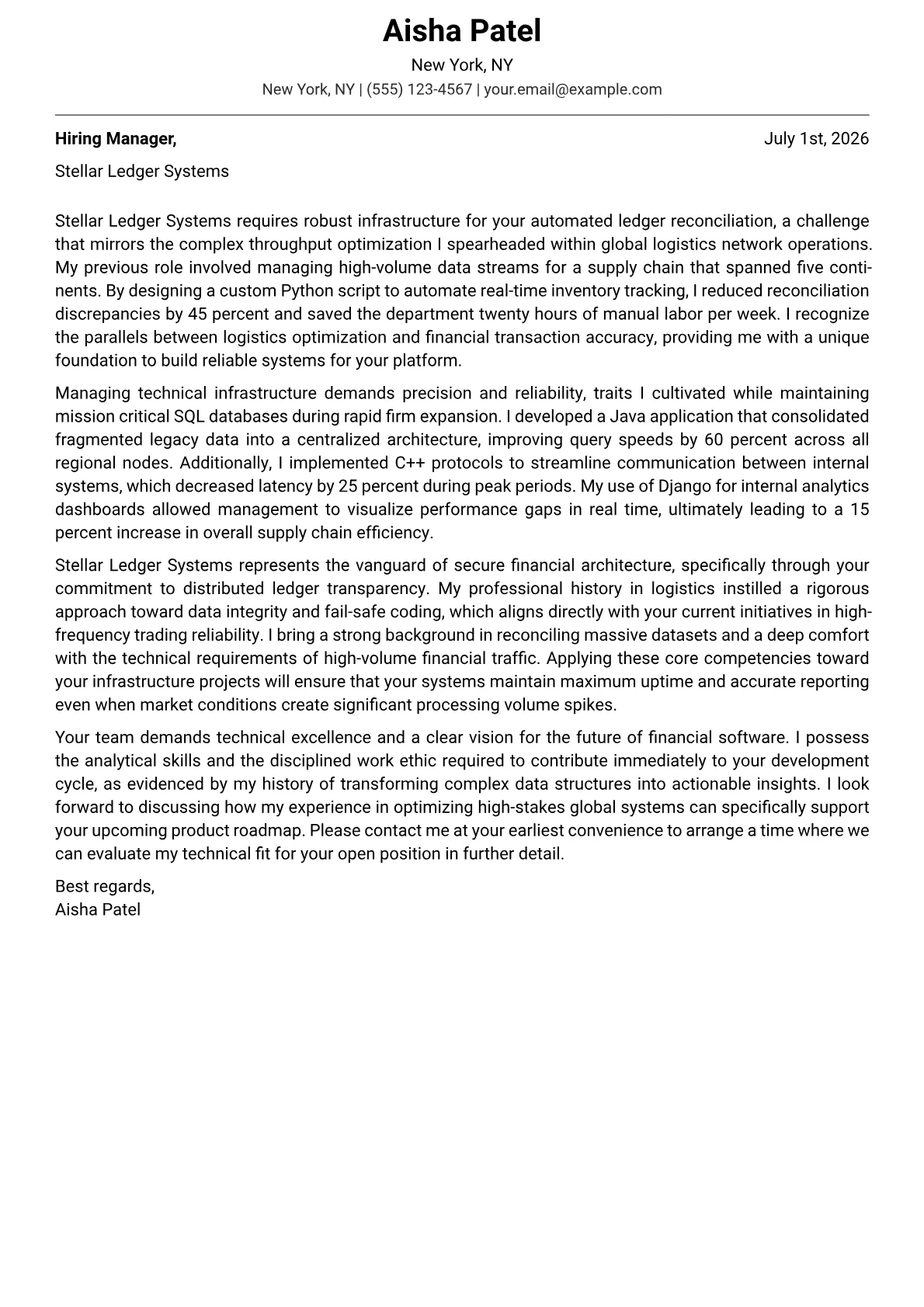 FinTech Developer cover letter in the Modern design