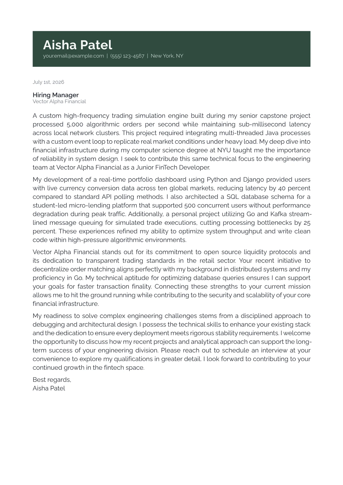 FinTech Developer cover letter in the Banner design