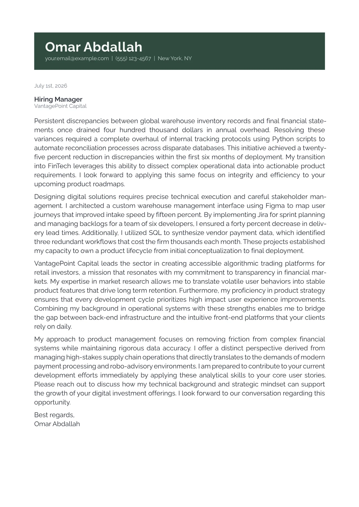 FinTech Product Manager cover letter in the Banner design