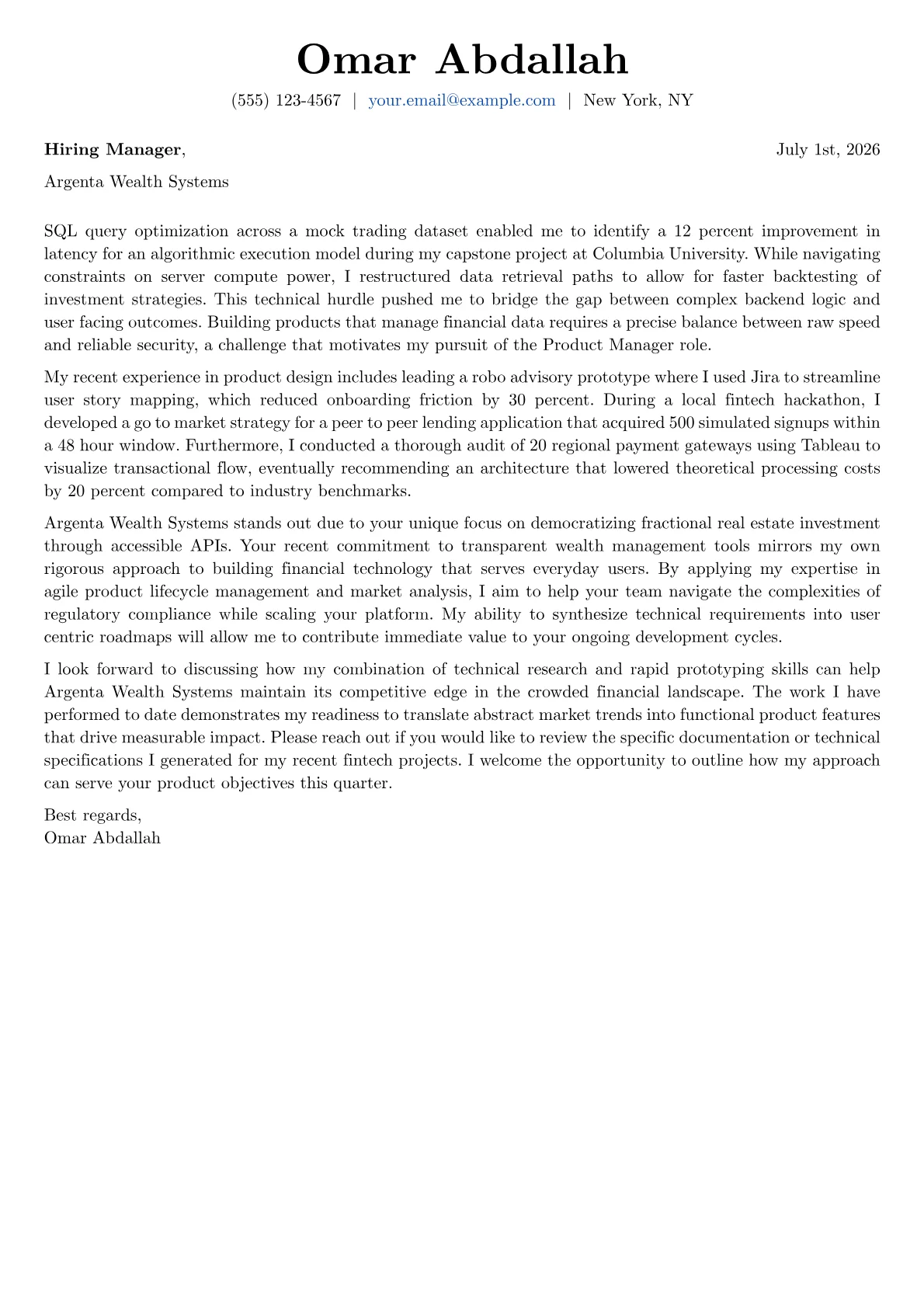 FinTech Product Manager cover letter in the Basic design