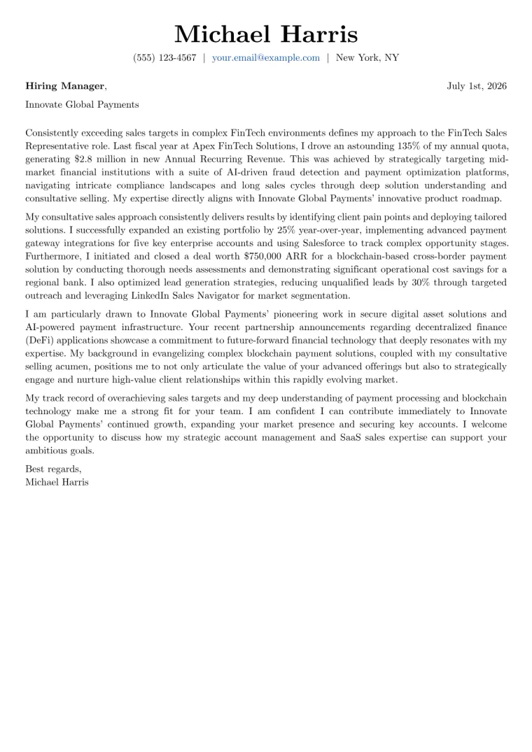 FinTech Sales Representative cover letter example preview