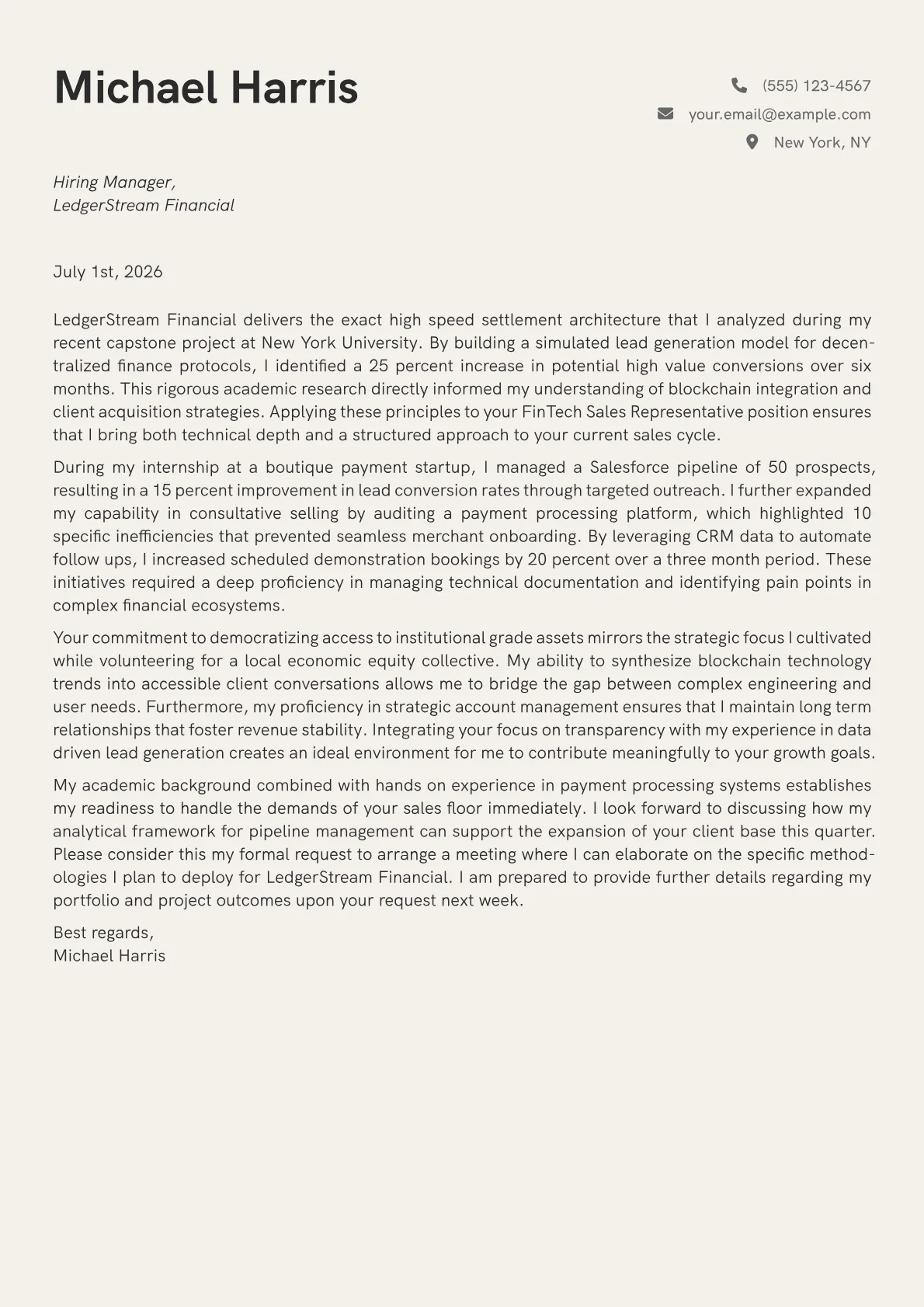 FinTech Sales Representative cover letter in the Creative design