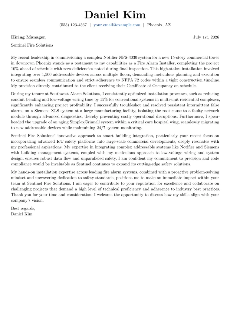 Fire Alarm Installer cover letter example