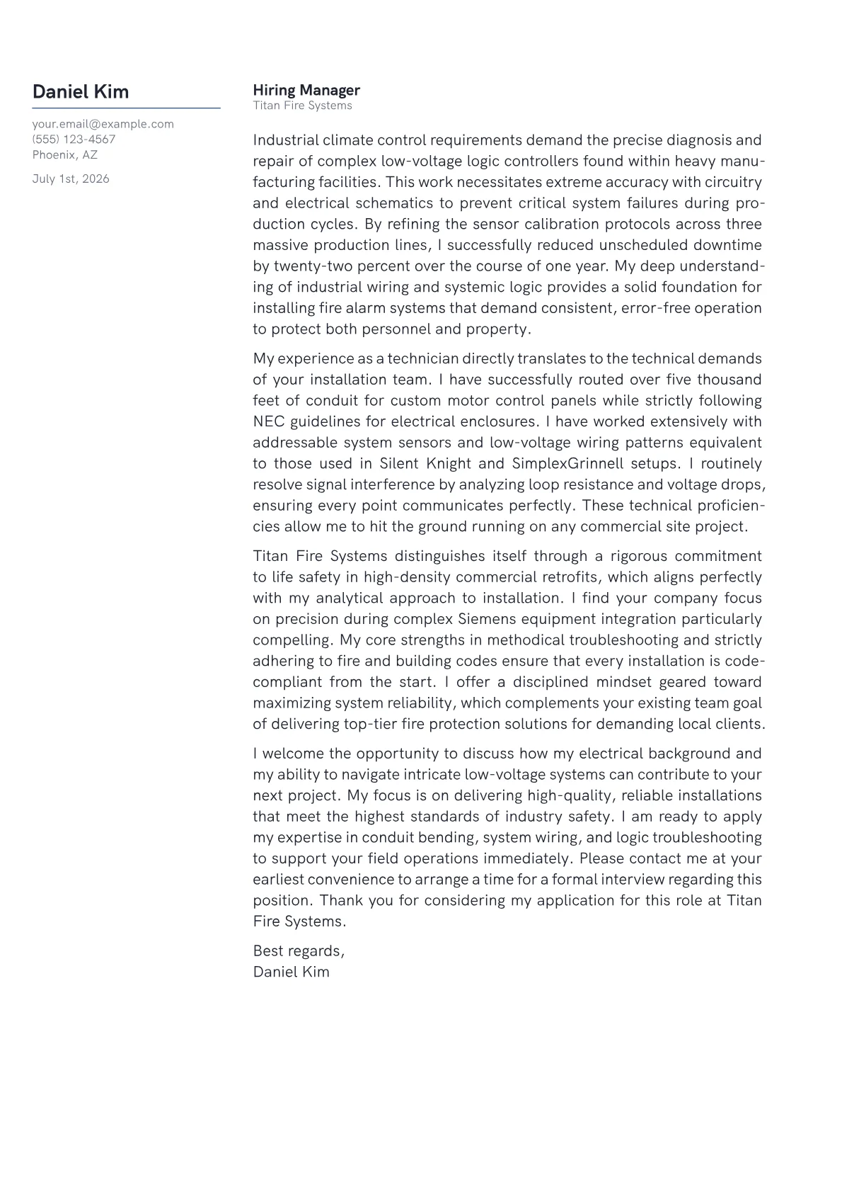Fire Alarm Installer cover letter in the Margin design