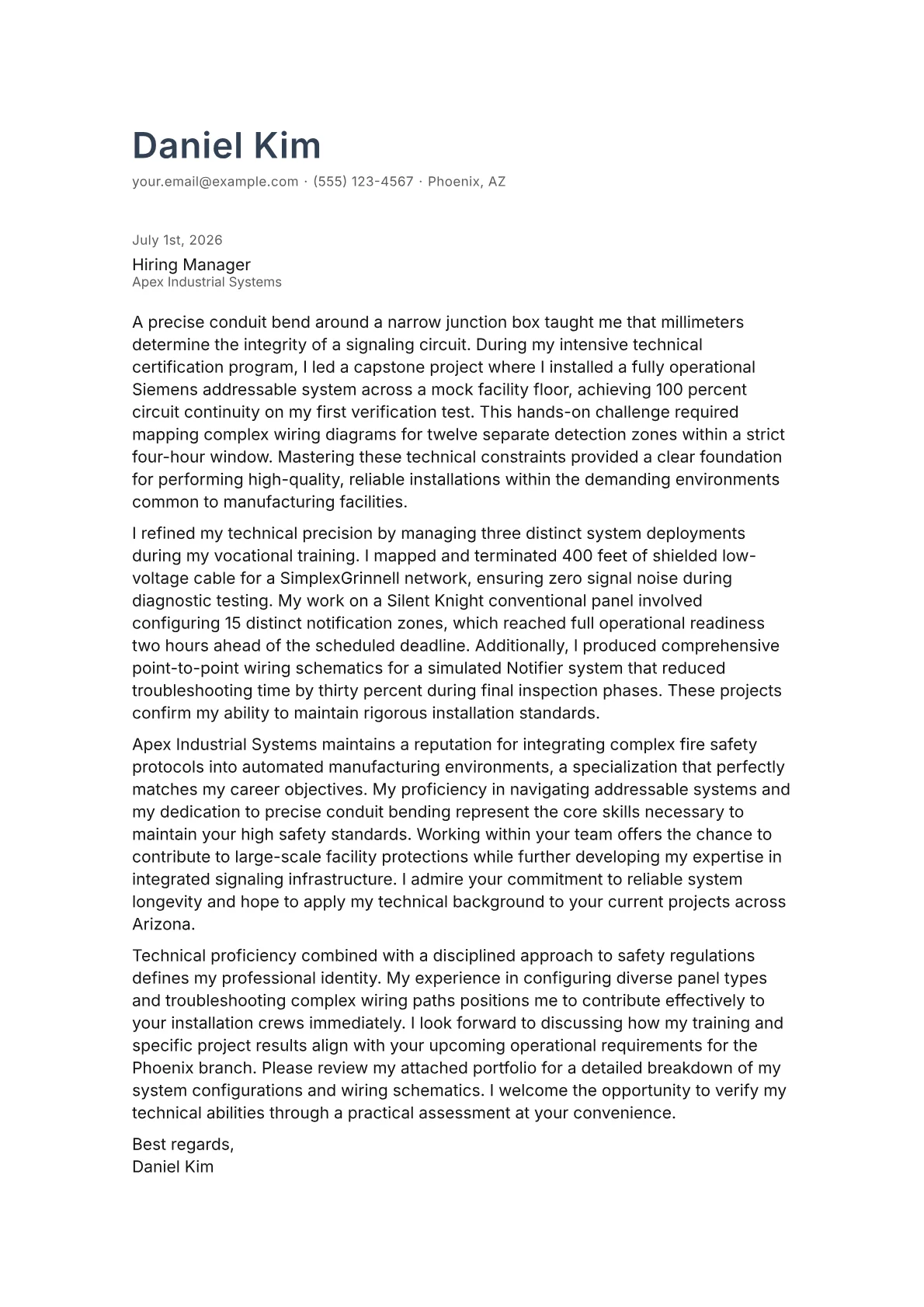 Fire Alarm Installer cover letter in the Minimal design