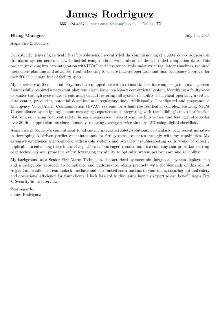 Fire Alarm Technician cover letter example preview