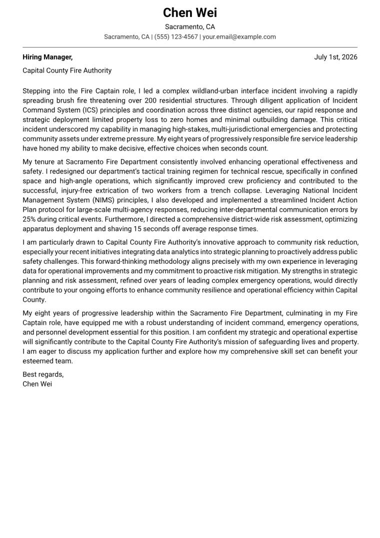 Fire Captain cover letter example preview
