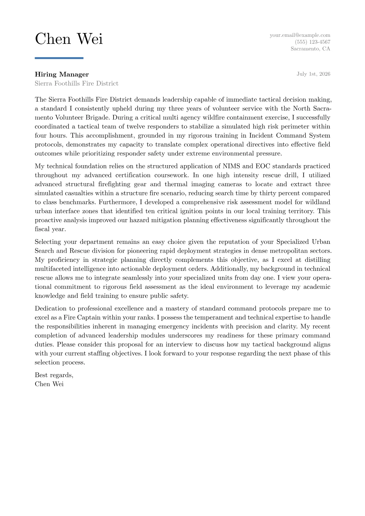 Fire Captain cover letter in the Executive design