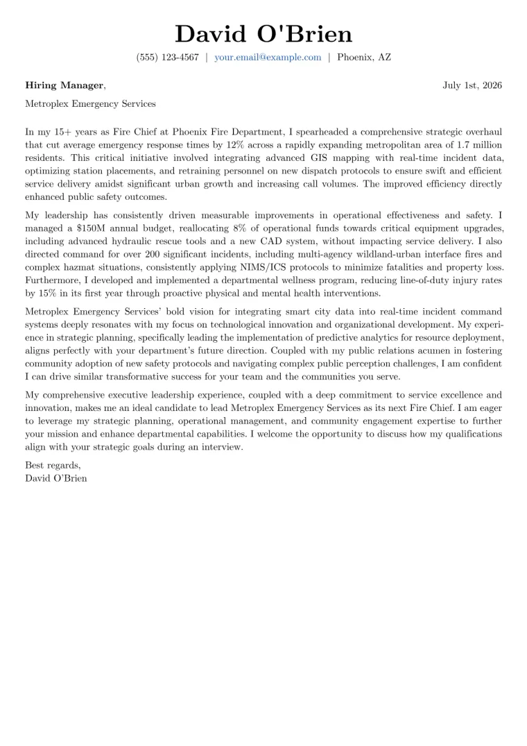 Fire Chief cover letter example preview
