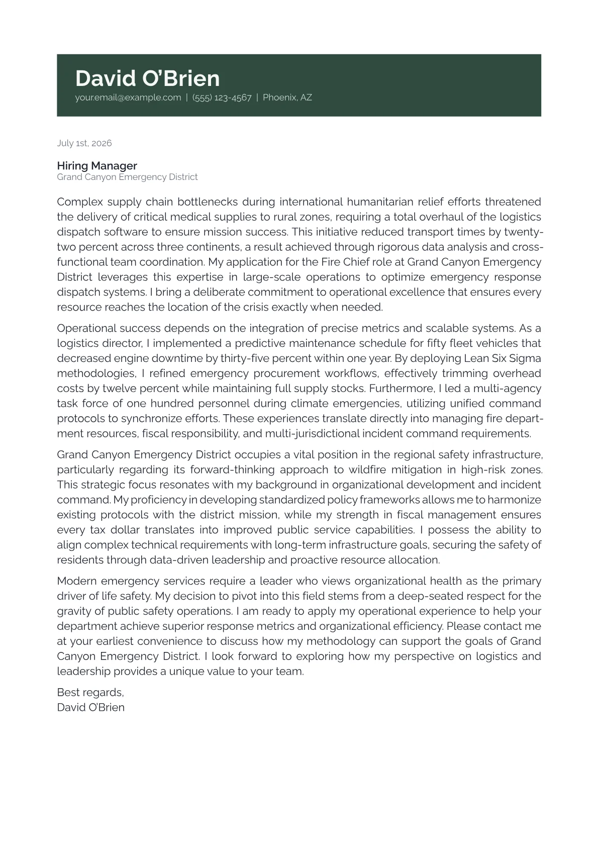 Fire Chief cover letter in the Banner design