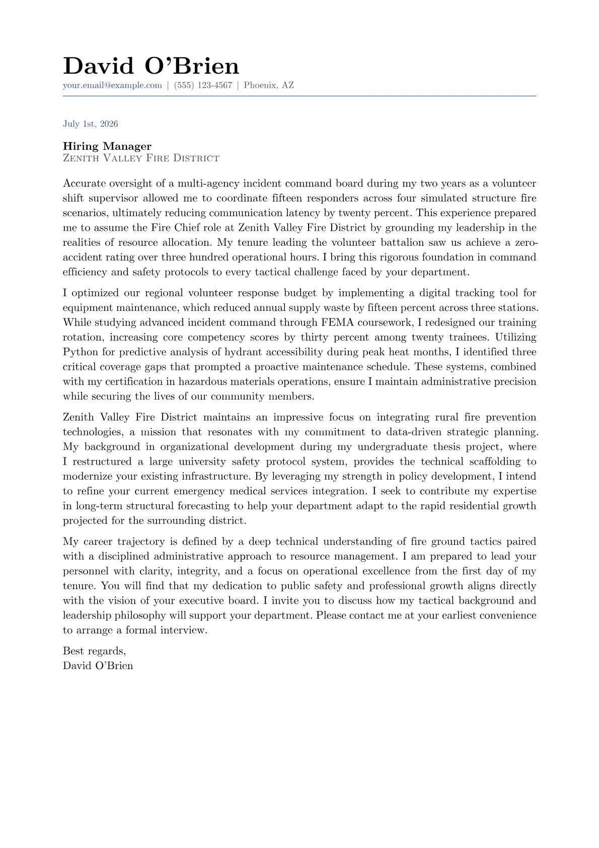 Fire Chief cover letter in the Classic design