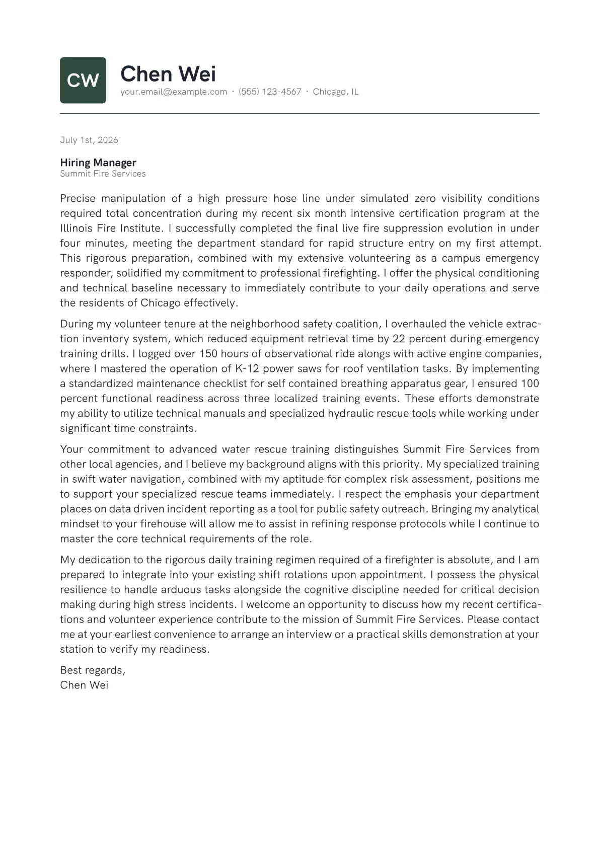 Fire Department cover letter in the Emblem design