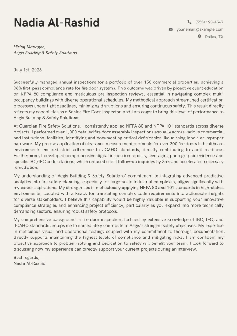 Fire Door Inspector cover letter example preview