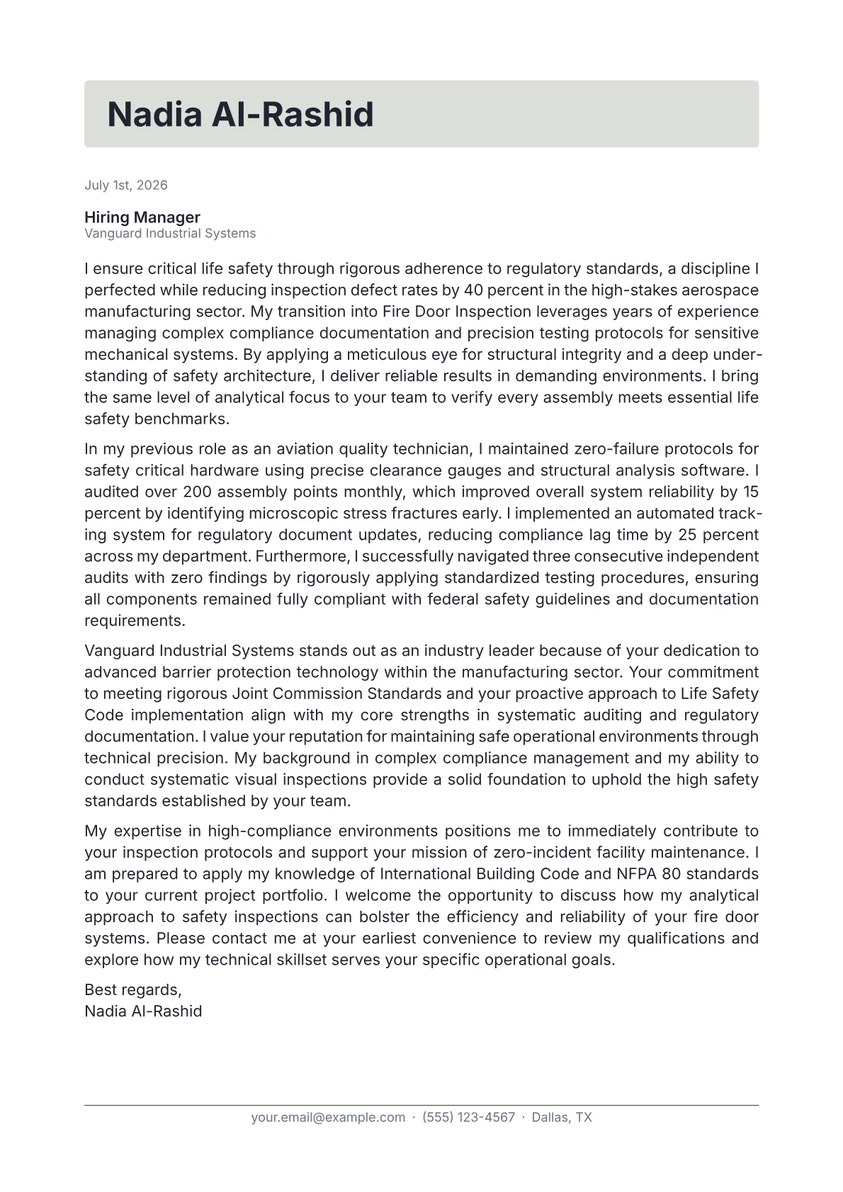 Fire Door Inspector cover letter in the Letterhead design