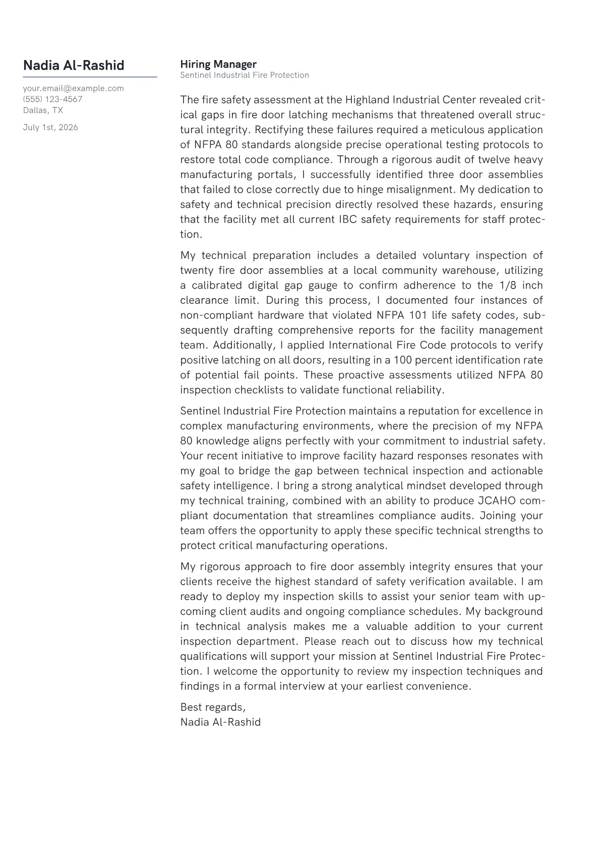 Fire Door Inspector cover letter in the Margin design