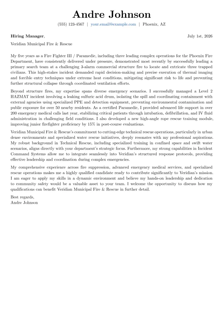 Fire Fighter cover letter example