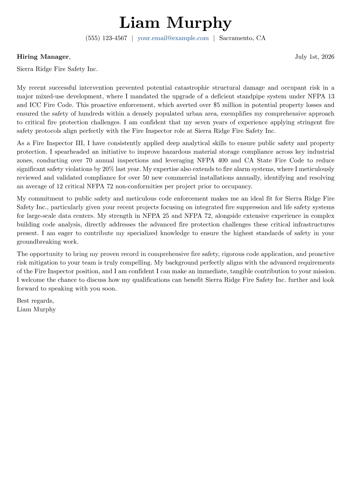 Fire Inspector cover letter formatted with a JobSprout template
