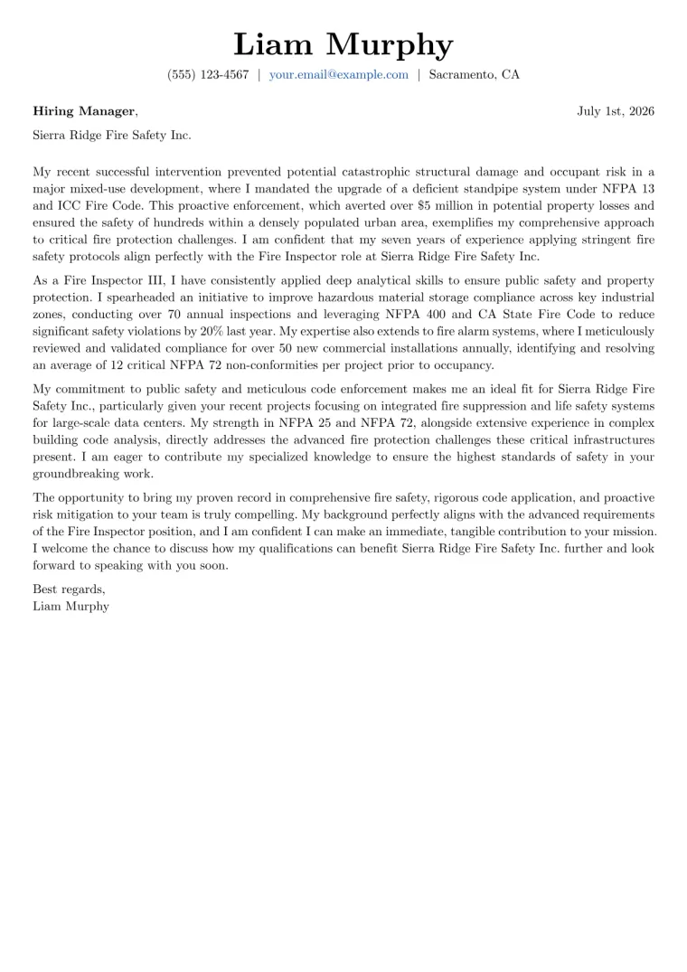 Fire Inspector Cover Letter Example