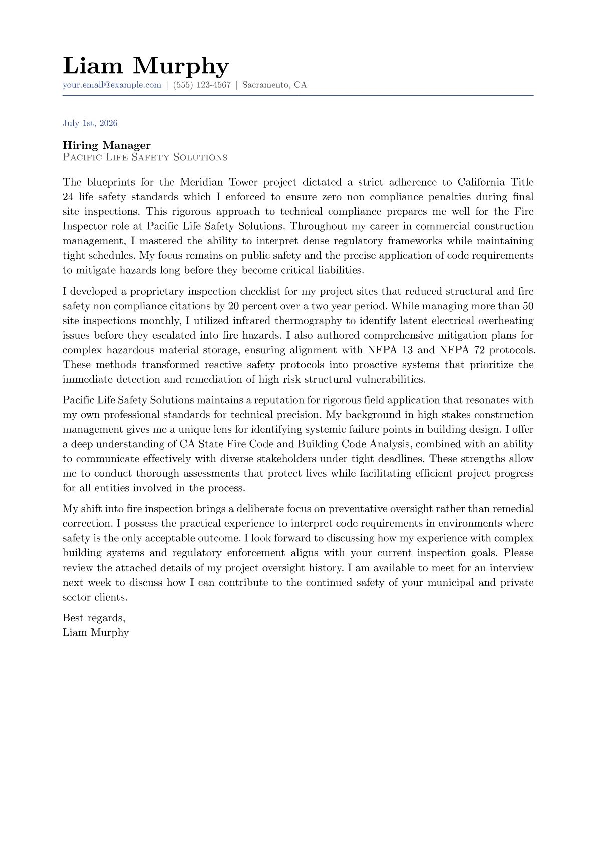 Fire Inspector cover letter in the Classic design