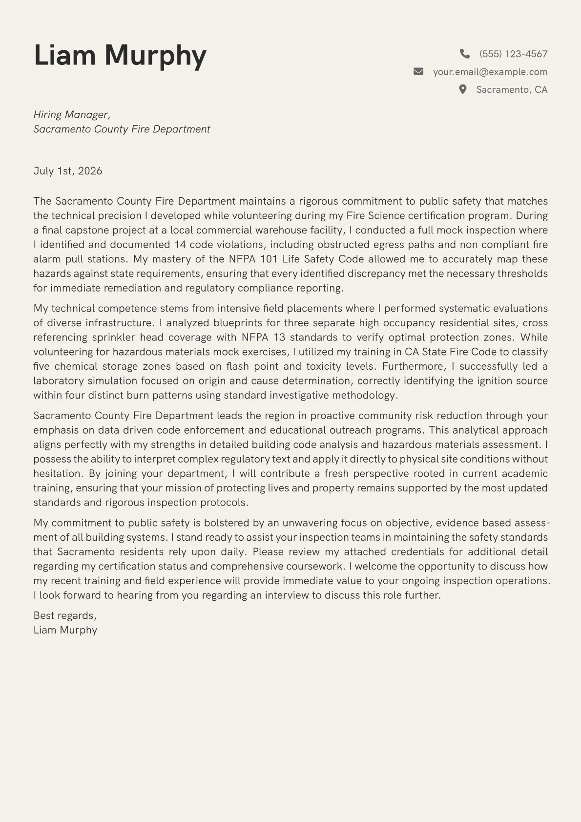 Fire Inspector cover letter in the Creative design