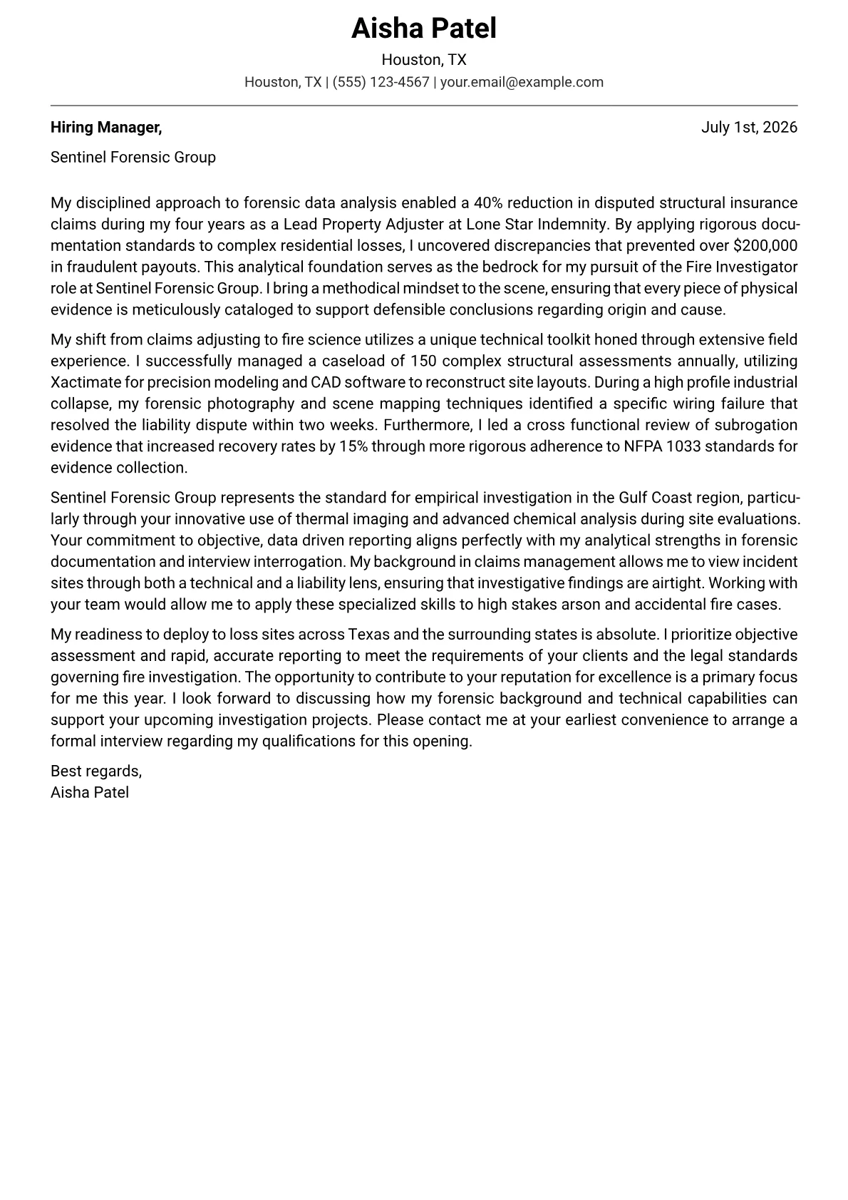 Fire Investigator cover letter in the Modern design