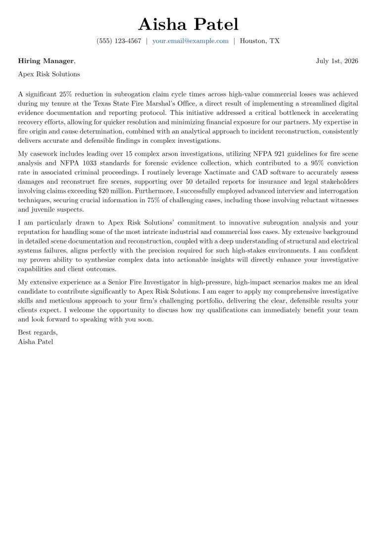 Fire Investigator cover letter example preview