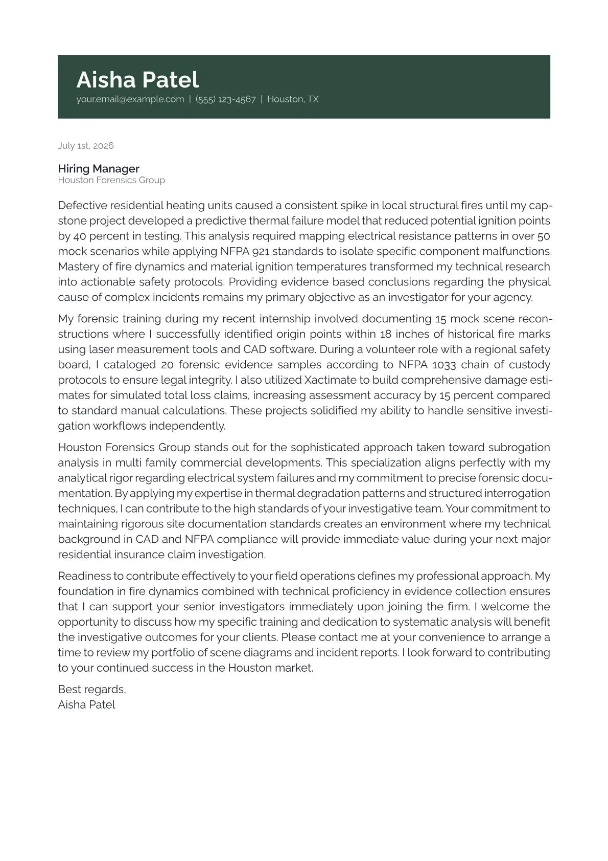 Fire Investigator cover letter in the Banner design