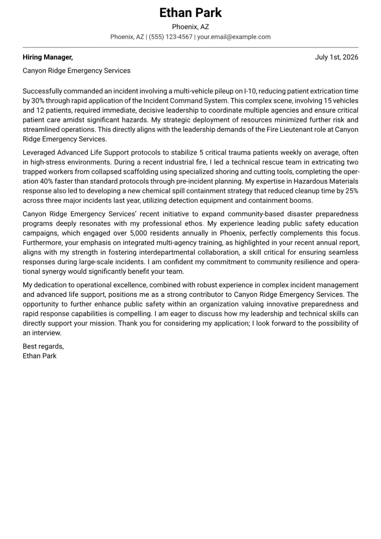Fire Lieutenant cover letter example preview