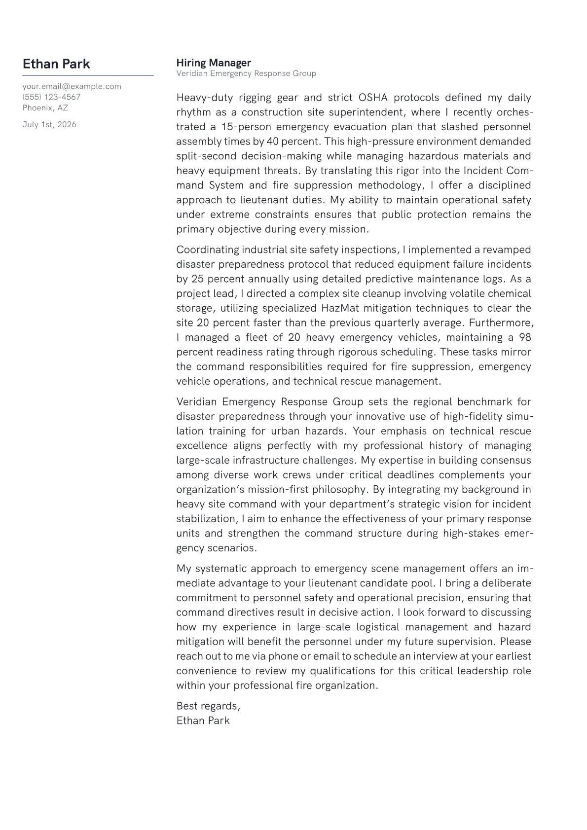 Fire Lieutenant cover letter in the Margin design