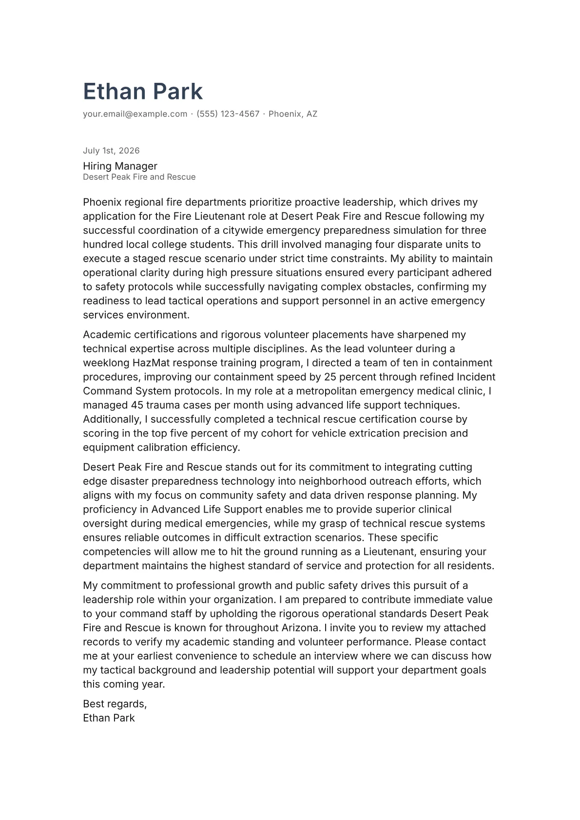 Fire Lieutenant cover letter in the Minimal design