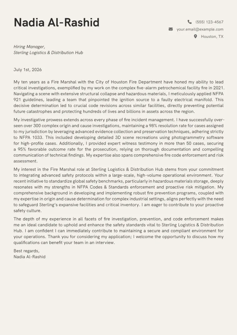 Fire Marshal cover letter example