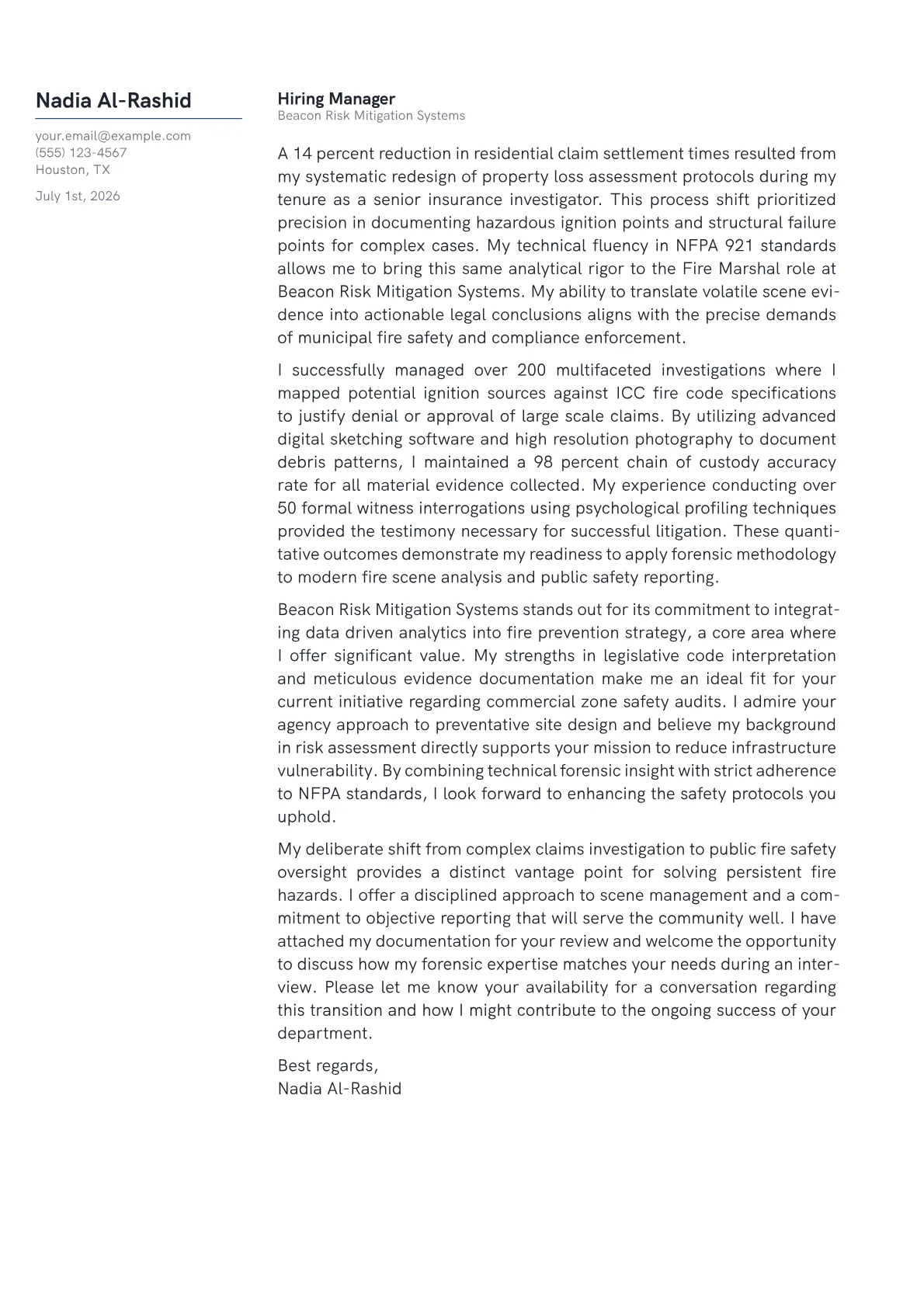 Fire Marshal cover letter in the Margin design
