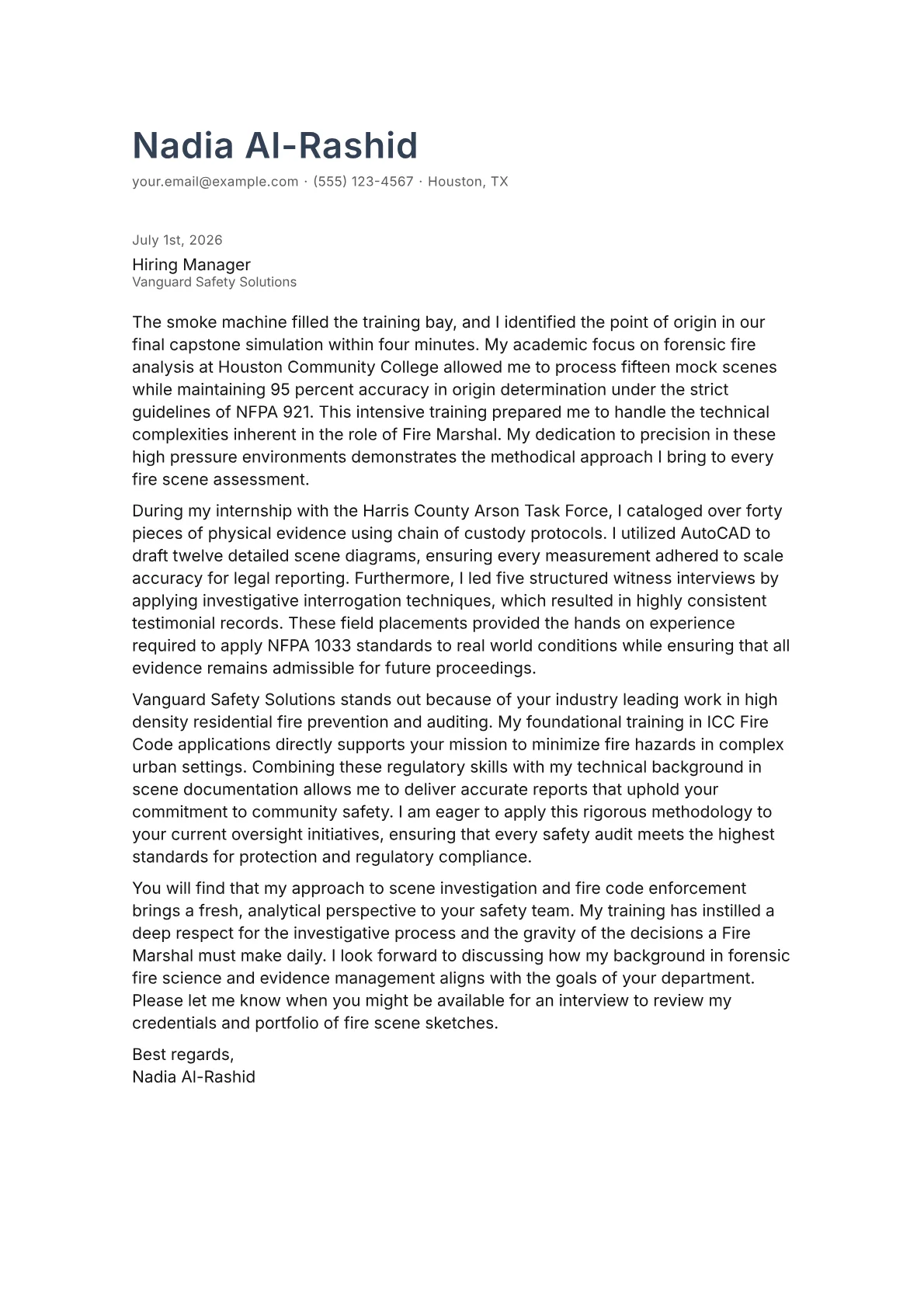 Fire Marshal cover letter in the Minimal design