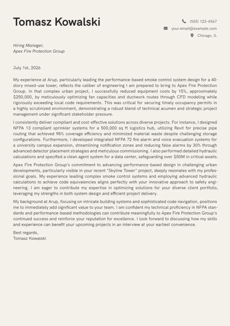 Fire Protection Engineer cover letter example preview