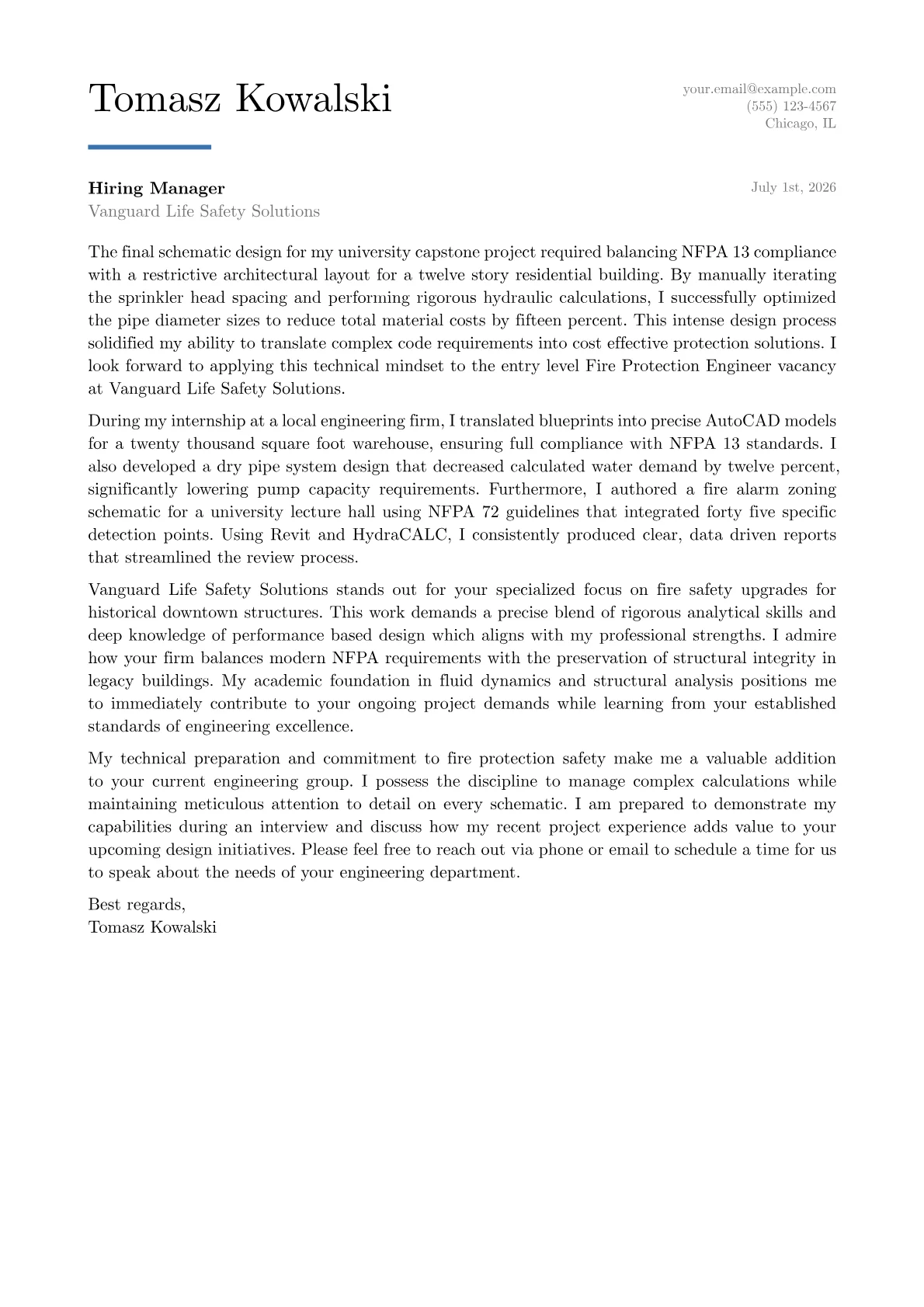 Fire Protection Engineer cover letter in the Executive design